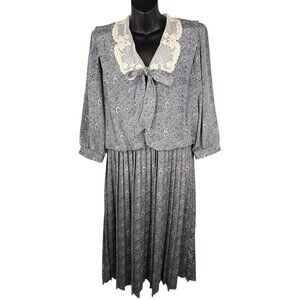 VTG 80s Paisley Cottage Core Prairie Lace Neckline Midi Dress Pleated Women’s 10